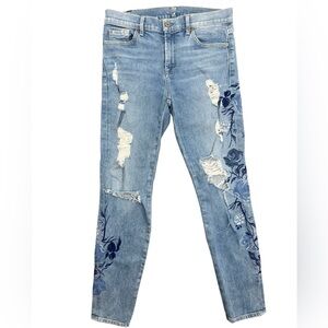 7 For All Mankind Light Blue Embroidered Distressed Skinny Jeans | 28